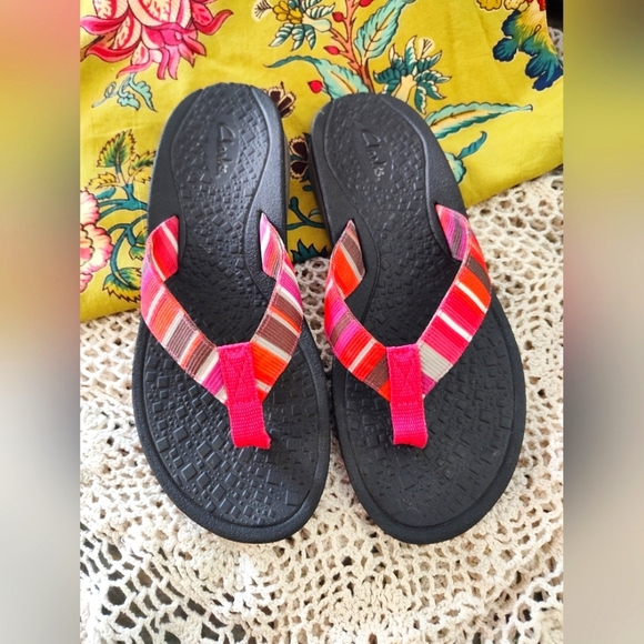 New Clarks Flops, Multicolor Strap w Pink, Orange, Brown, White, 8 - Picture 2 of 4